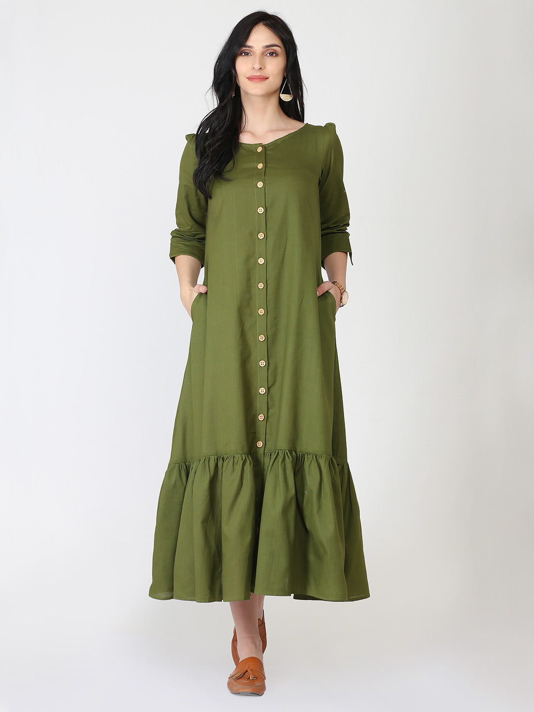 Abhishti Cotton Linen Olive Front Open Pleated Hem Dress
