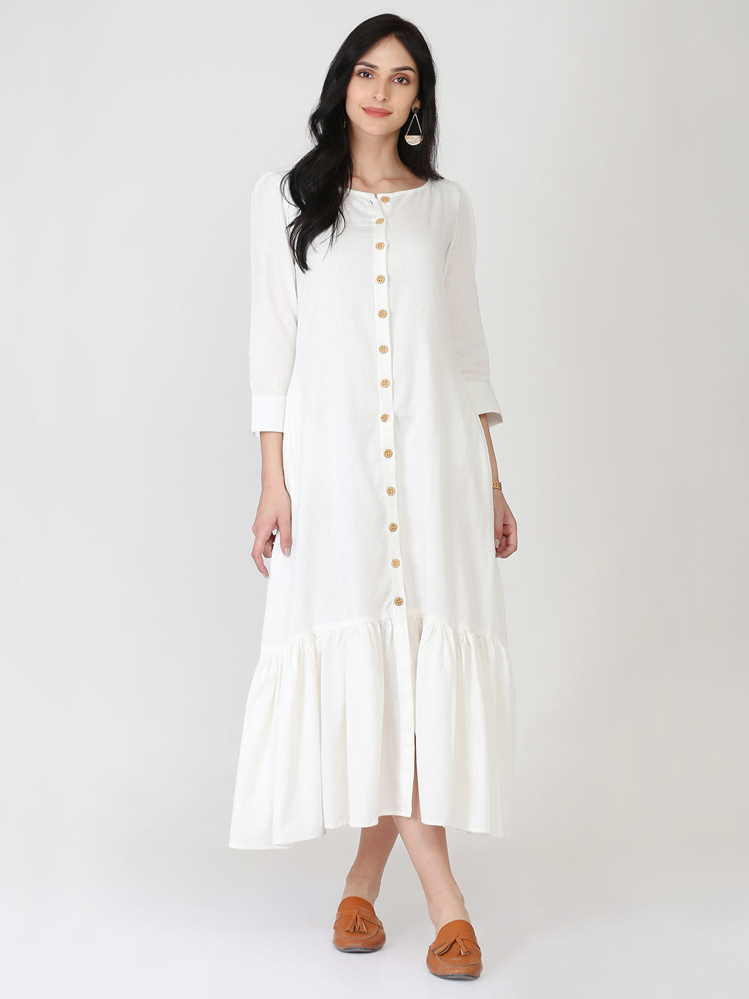 Abhishti Cotton Linen White Front Open Pleated Hem Dress
