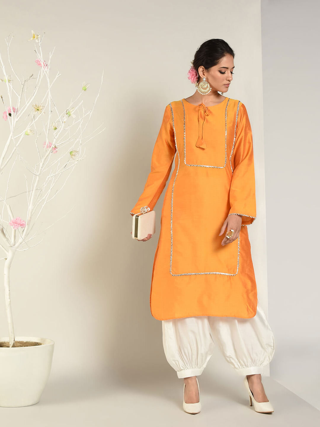 Abhishti Orange Cotton Silk Pathani Front Lace Panels Kurta