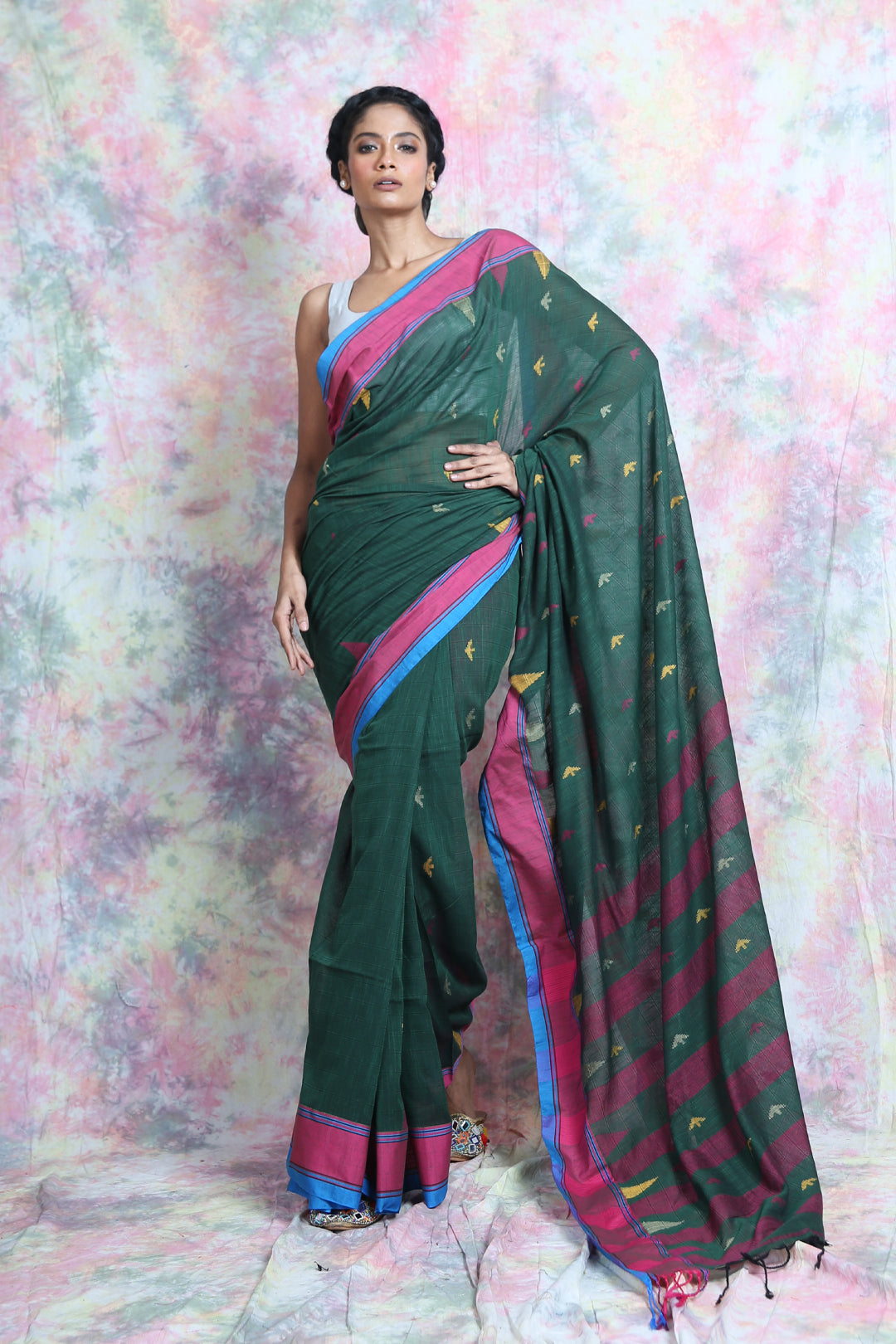 Temple Design Green Cotton Saree freeshipping - Charukriti