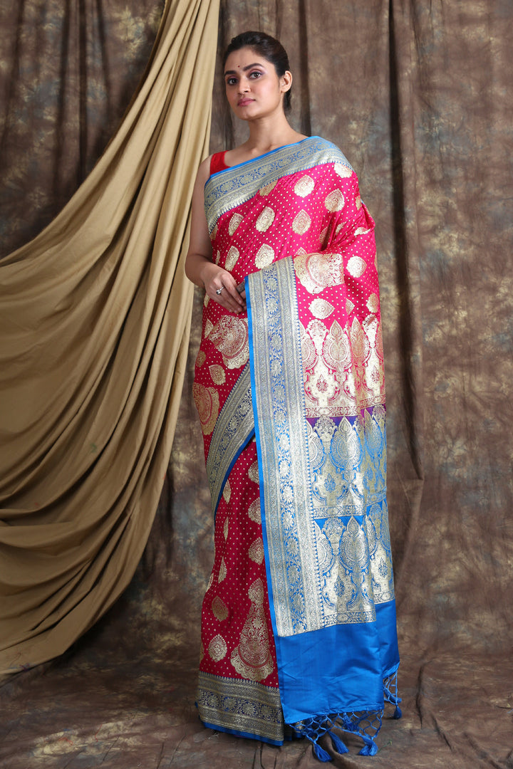 CHARUKRITI Pink Blue Ethnic Motifs Zari Pure Silk Banarasi Saree with Unstiched Blouse