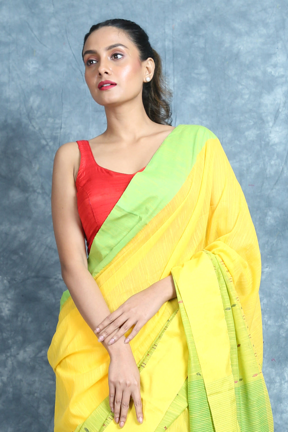 Yellow & Green Cotton Saree With Geometrics Pallu freeshipping - Charukriti