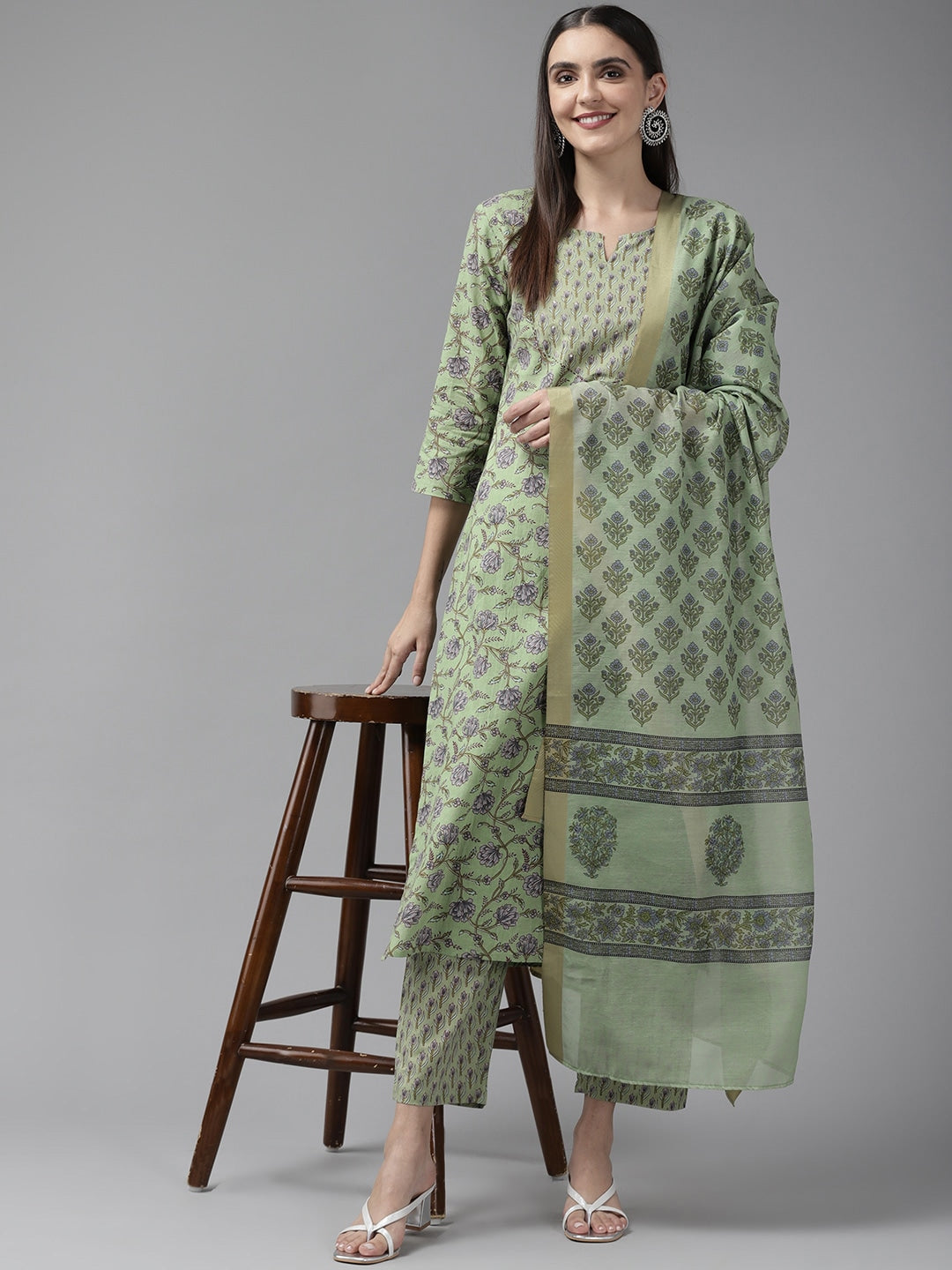 Green Ethnic Printed Dupatta Set Yufta Store