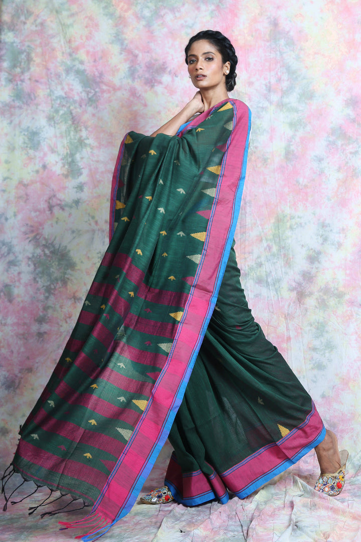 Temple Design Green Cotton Saree freeshipping - Charukriti