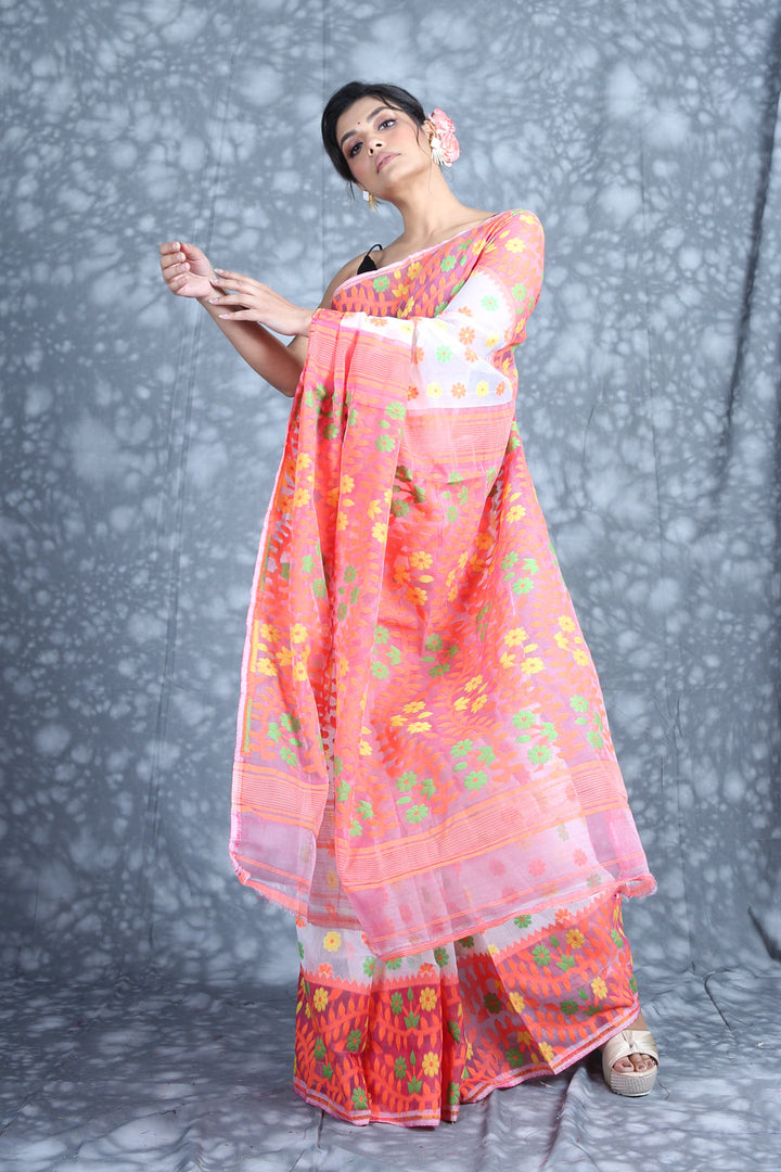 CHARUKRITI Floral Border White Jamdani Saree with Unstitched Blouse