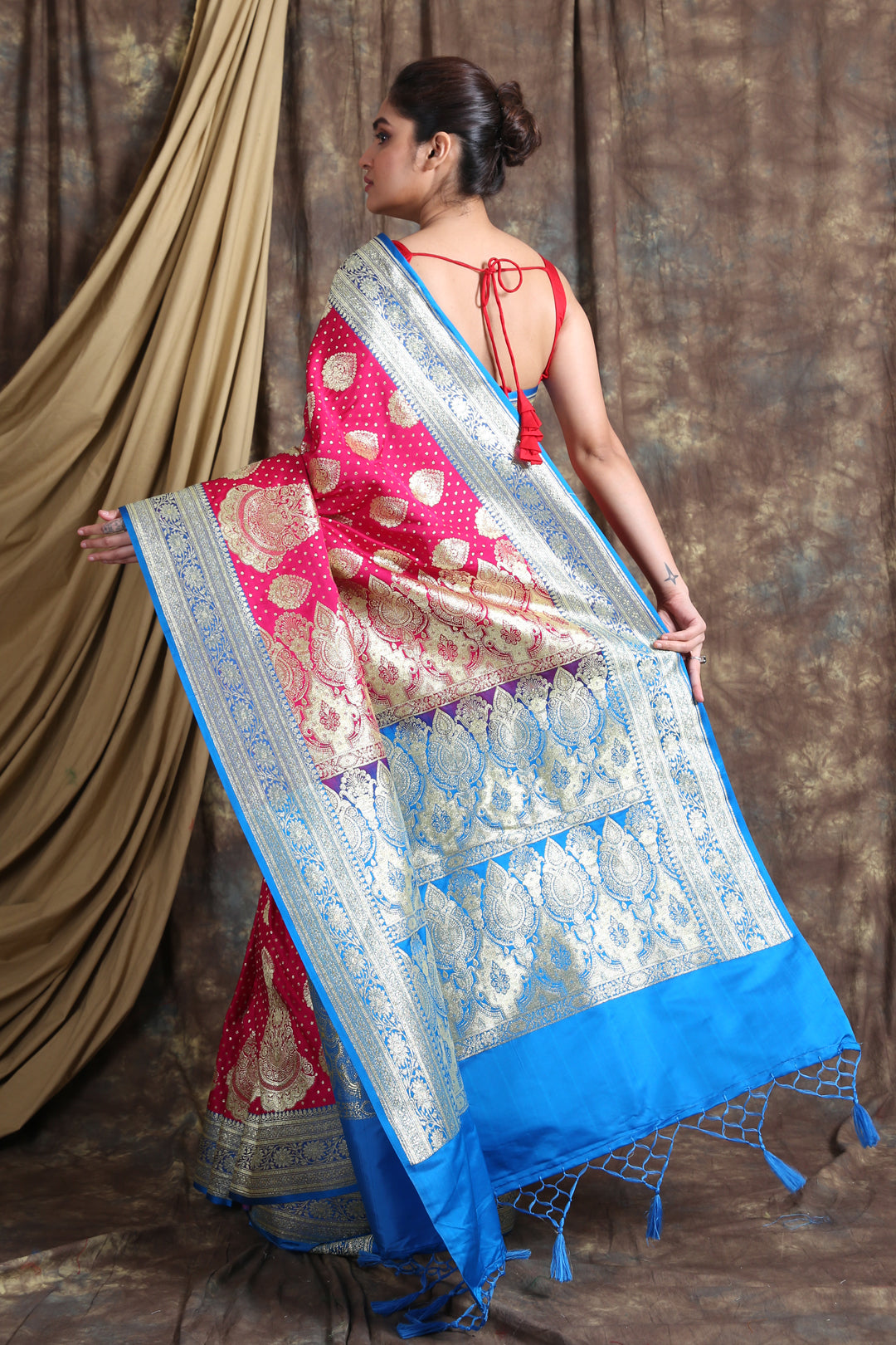 CHARUKRITI Pink Blue Ethnic Motifs Zari Pure Silk Banarasi Saree with Unstiched Blouse