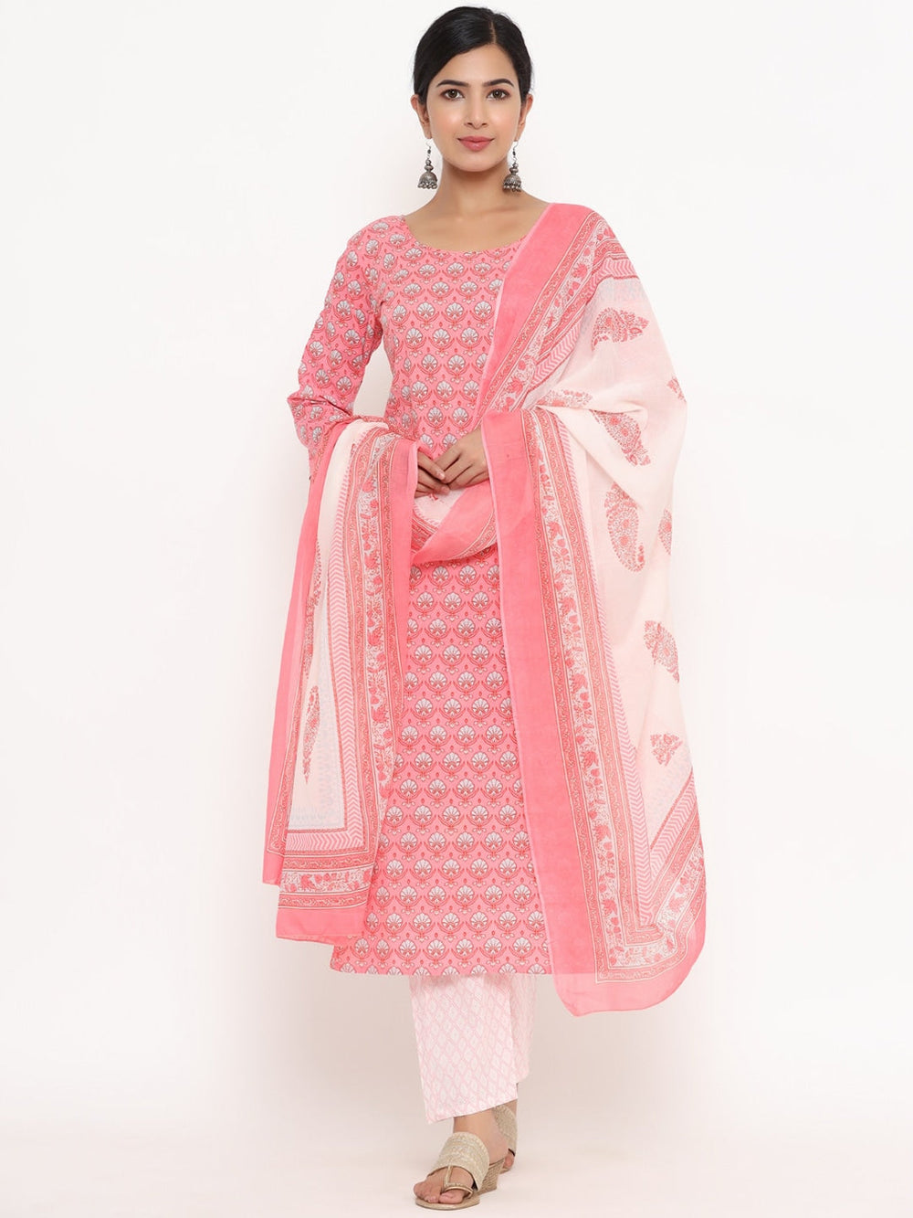 Peach Printed Pure Cotton Dupatta Set Yufta Store