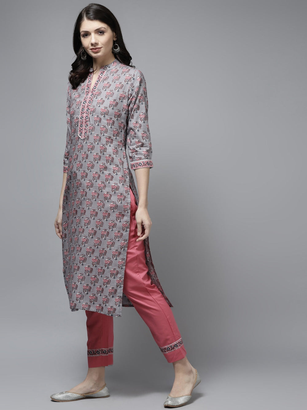 Grey Cotton Ethnic Printed Dupatta Set Yufta Store