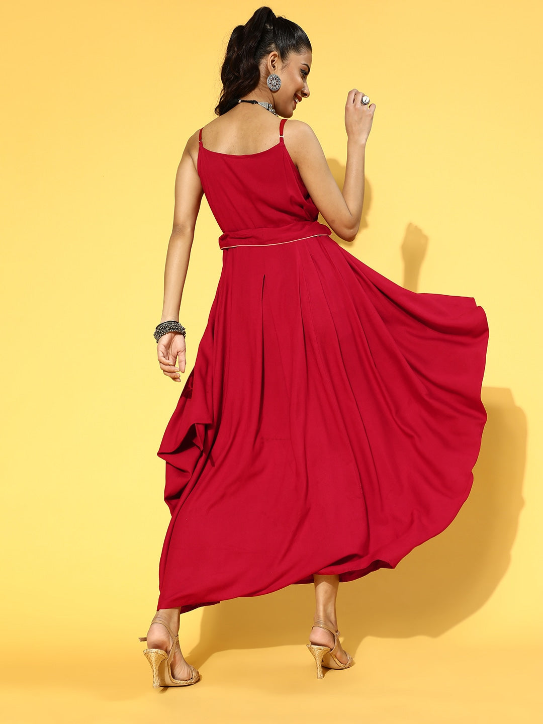 Red Solid Strap Dress with Belt Yufta Store