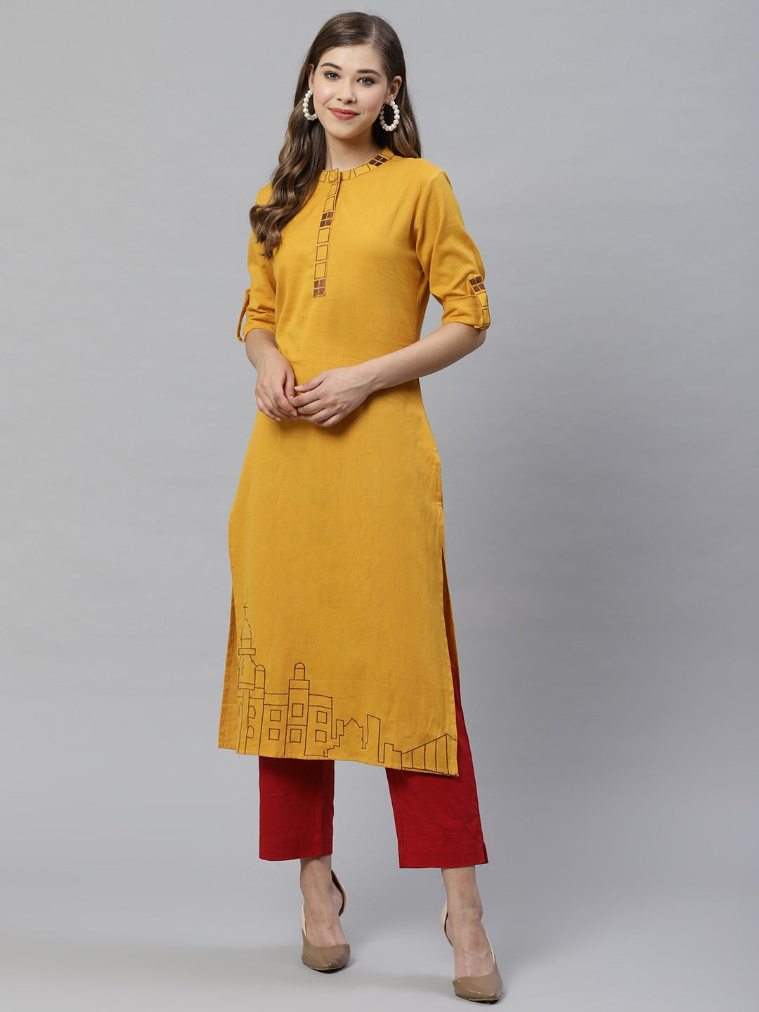 Mustard Embroidered Kurta Yufta