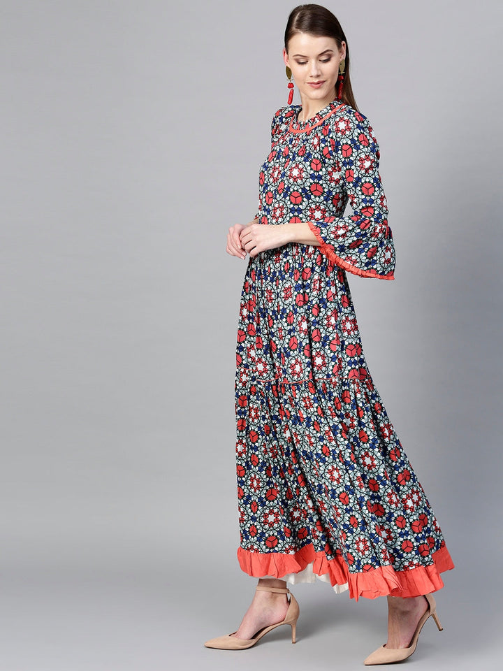 Blue & Coral Printed Kurta Yufta