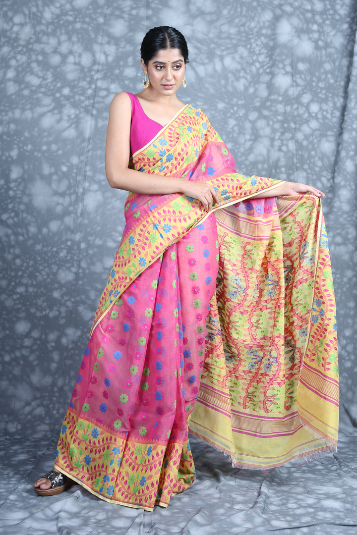 CHARUKRITI Floral Border Pink Jamdani Saree with Unstitched Blouse