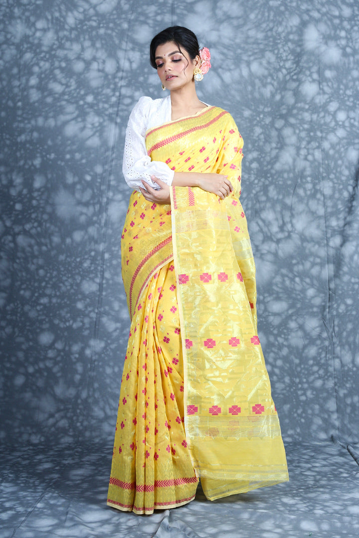 CHARUKRITI Zari Weaving Yellow Jamdani Saree with Unstitched Blouse