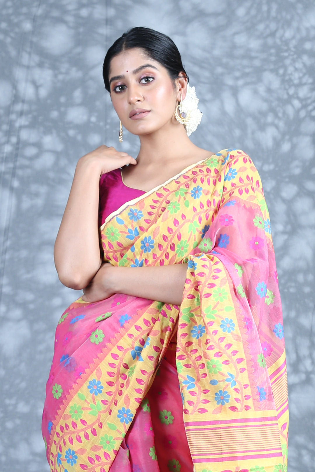 CHARUKRITI Floral Border Pink Jamdani Saree with Unstitched Blouse