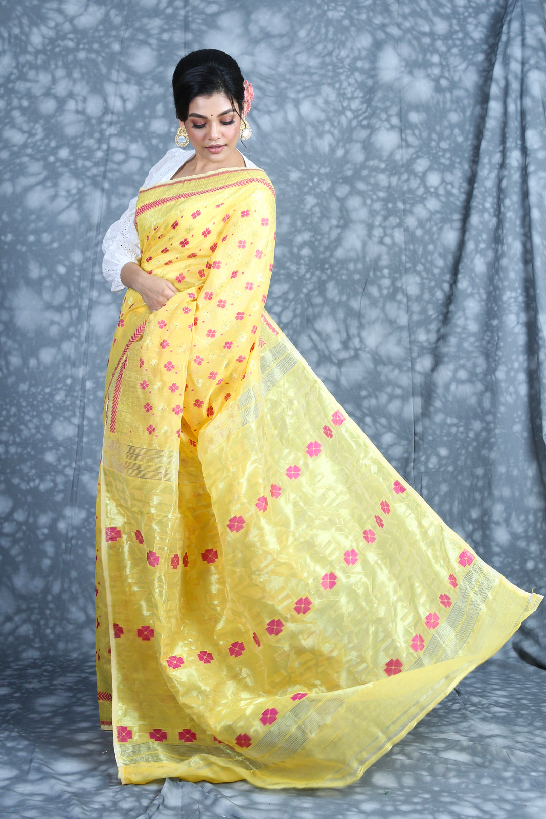 CHARUKRITI Zari Weaving Yellow Jamdani Saree with Unstitched Blouse