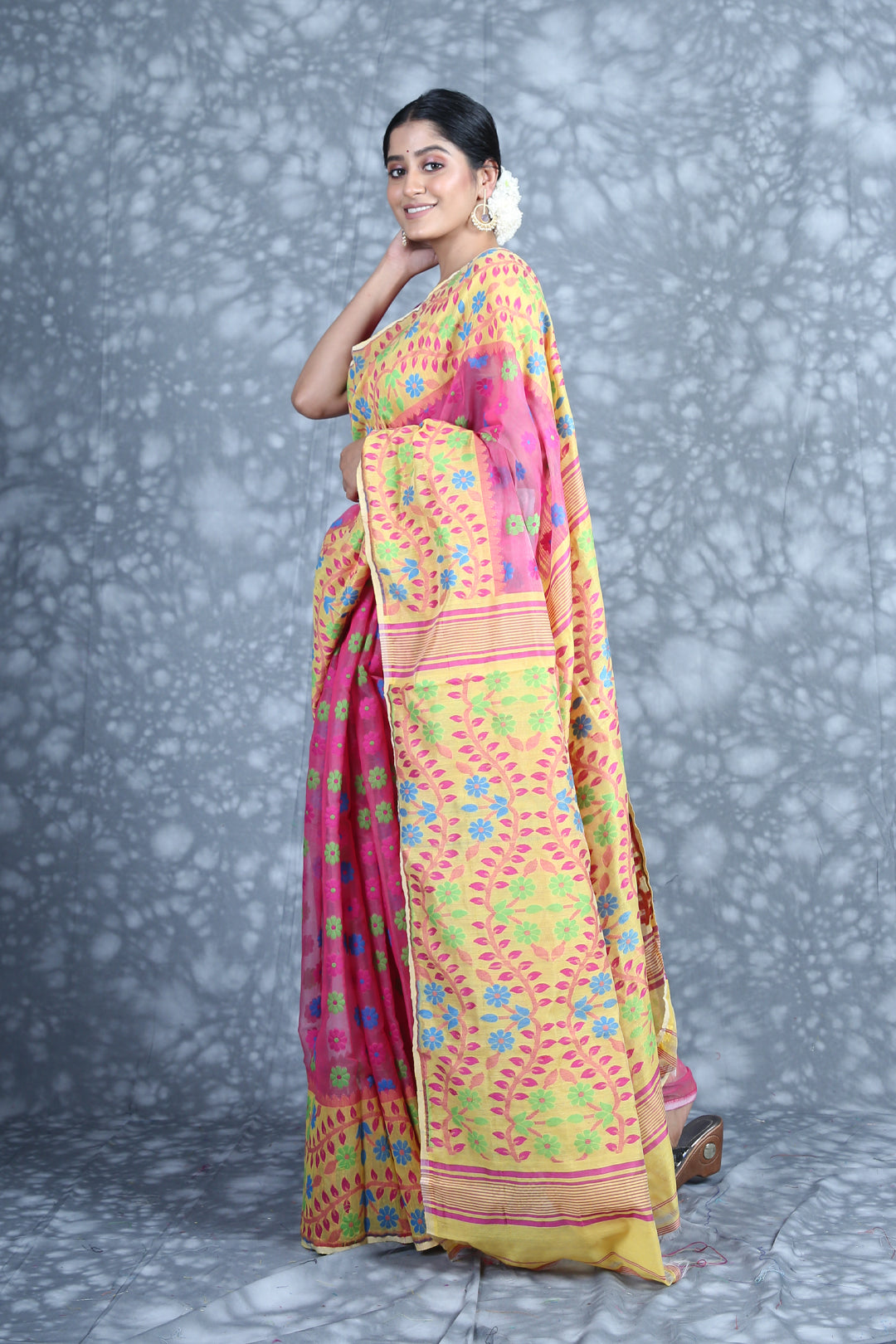 CHARUKRITI Floral Border Pink Jamdani Saree with Unstitched Blouse