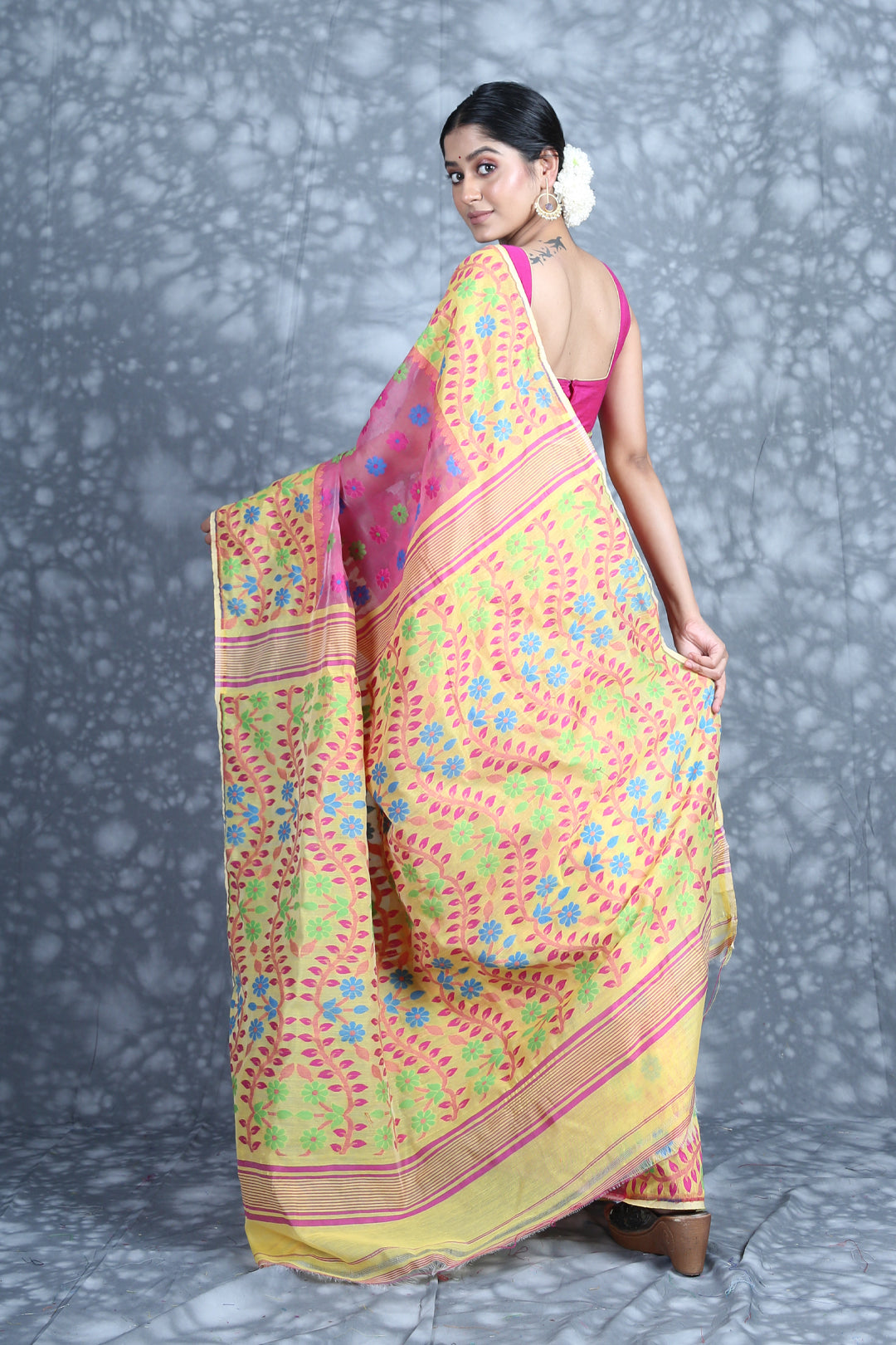 CHARUKRITI Floral Border Pink Jamdani Saree with Unstitched Blouse