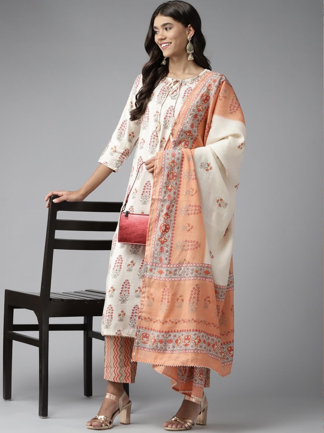 Off White Ethnic Motif Printed Dupatta Set Yufta Store