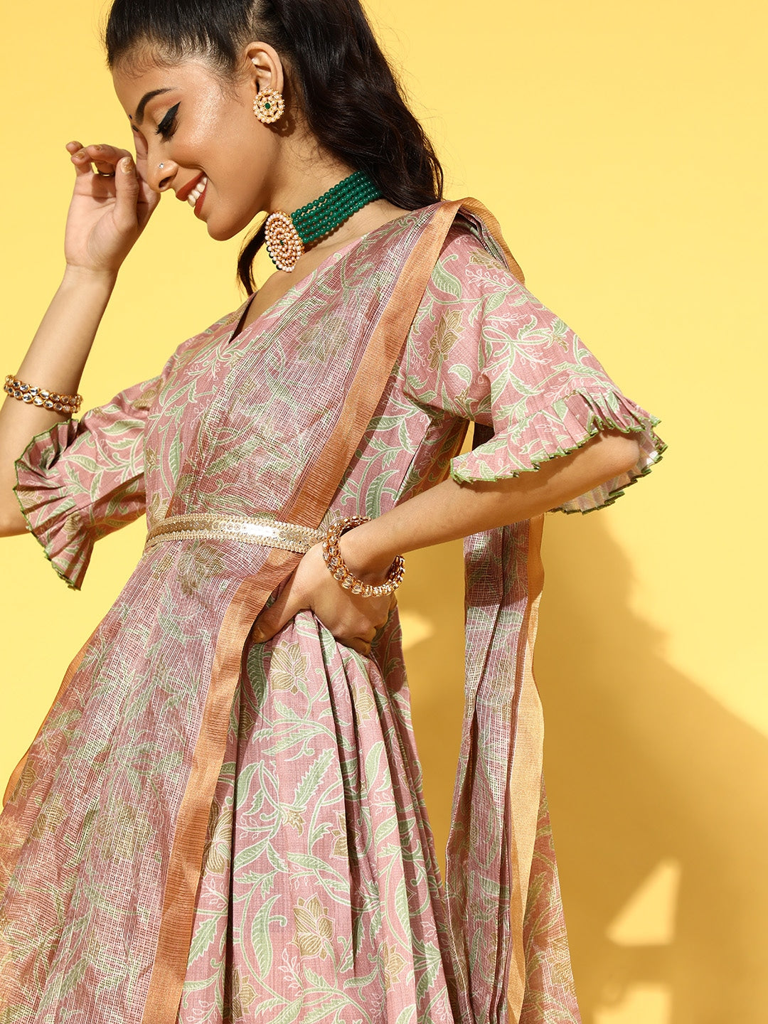 Pink & Green Floral Print Dress with Dupatta Yufta Store