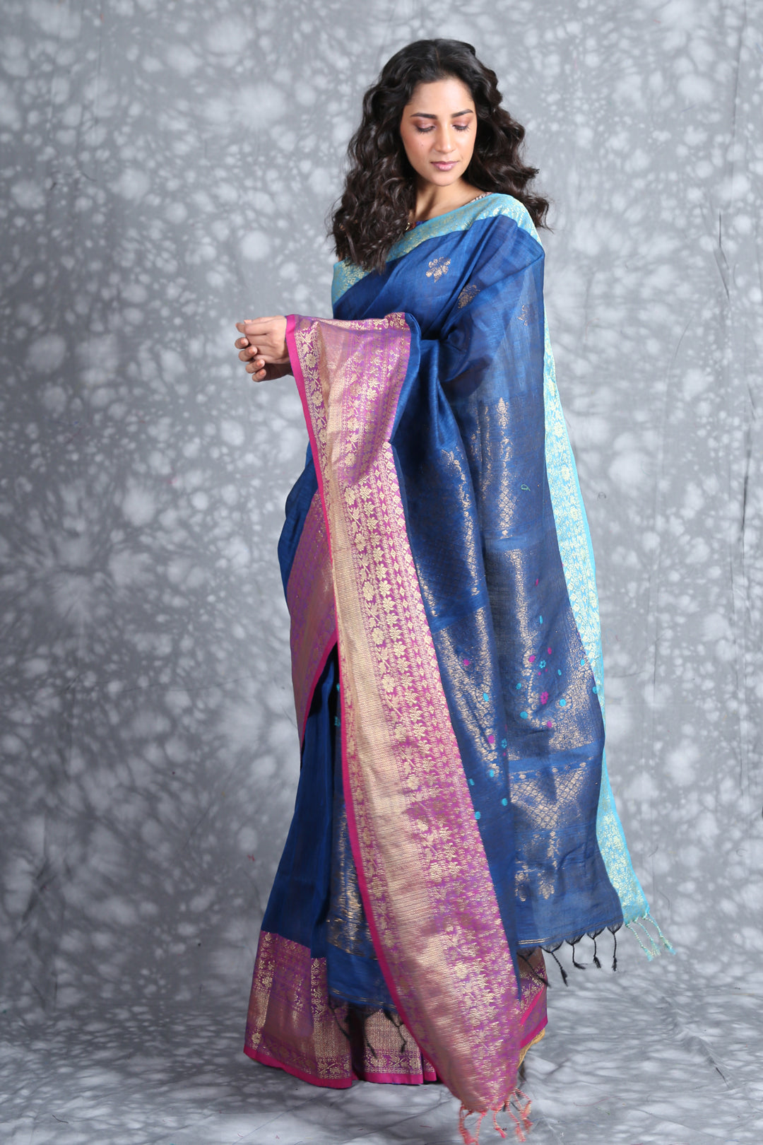 CHARUKRITI Blue Pink Ethnic Motifs Zari Pure Linen Saree with Unstiched Blouse