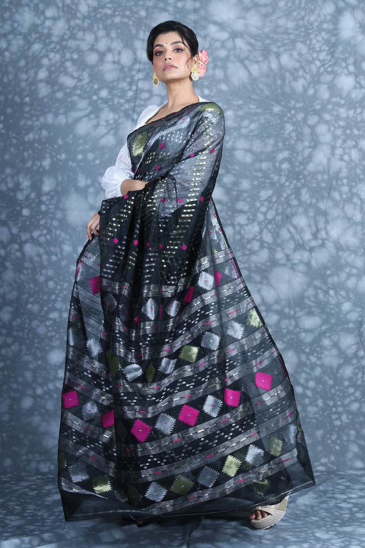 CHARUKRITI Allover Zari Weaving Black Jamdani Saree with Unstitched Blouse