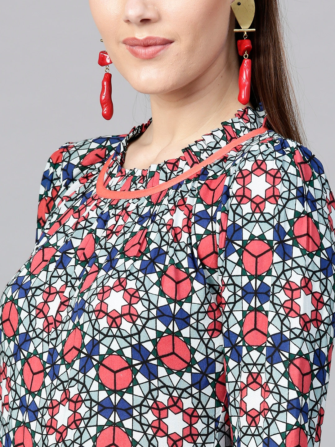 Blue & Coral Printed Kurta Yufta