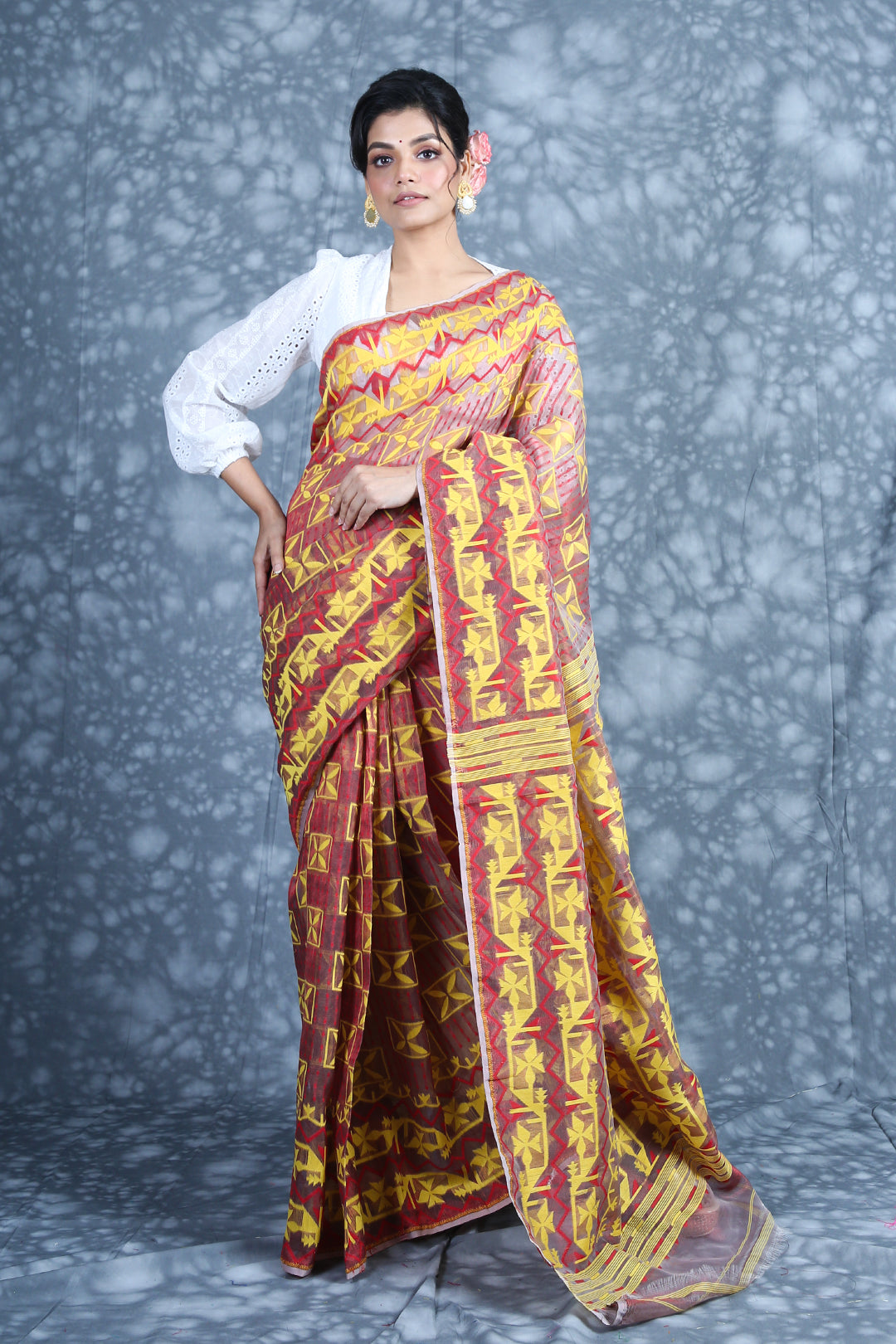 CHARUKRITI Multi Zari Weaving Tissue Jamdani Saree with Unstitched Blouse