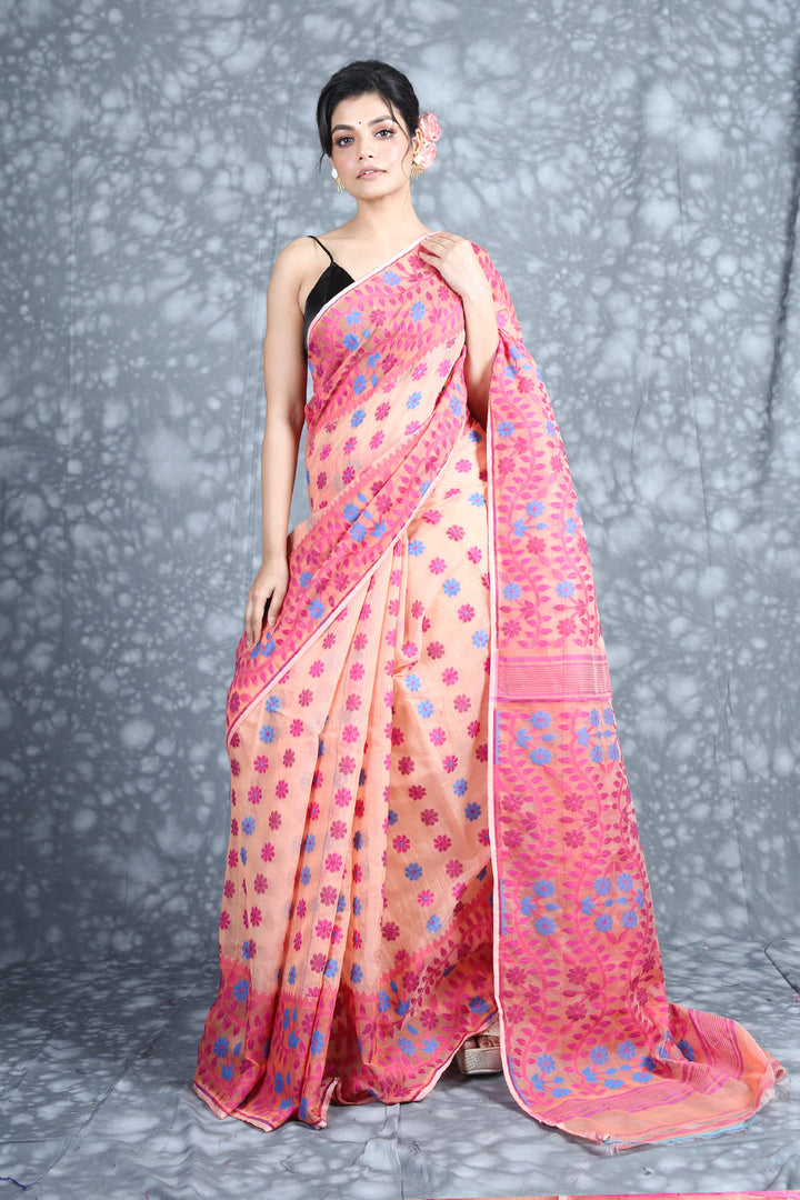 CHARUKRITI Floral Weaving Peach Jamdani Saree with Unstitched Blouse