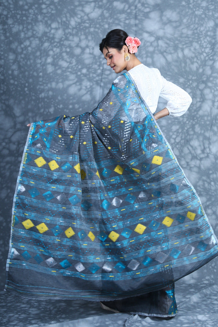 CHARUKRITI Allover Zari Weaving Grey Jamdani Saree with Unstitched Blouse