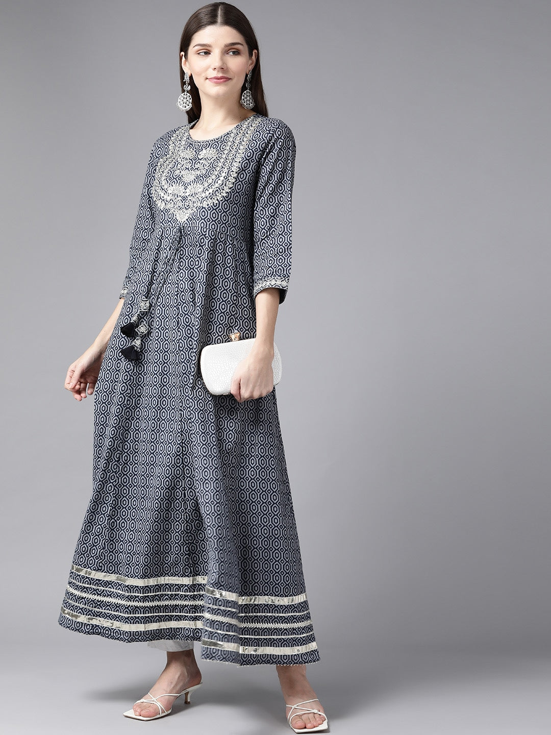 Grey Printed Embroidered Kurta Yufta Store