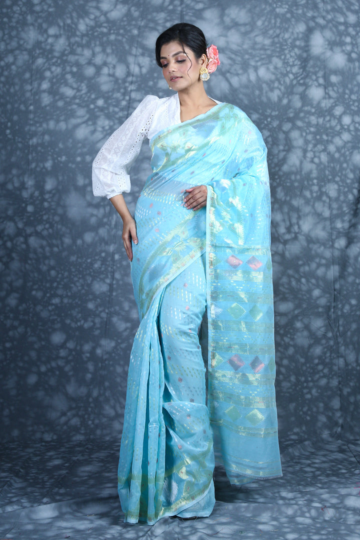CHARUKRITI Allover Zari Weaving Sky Blue Jamdani Saree with Unstitched Blouse