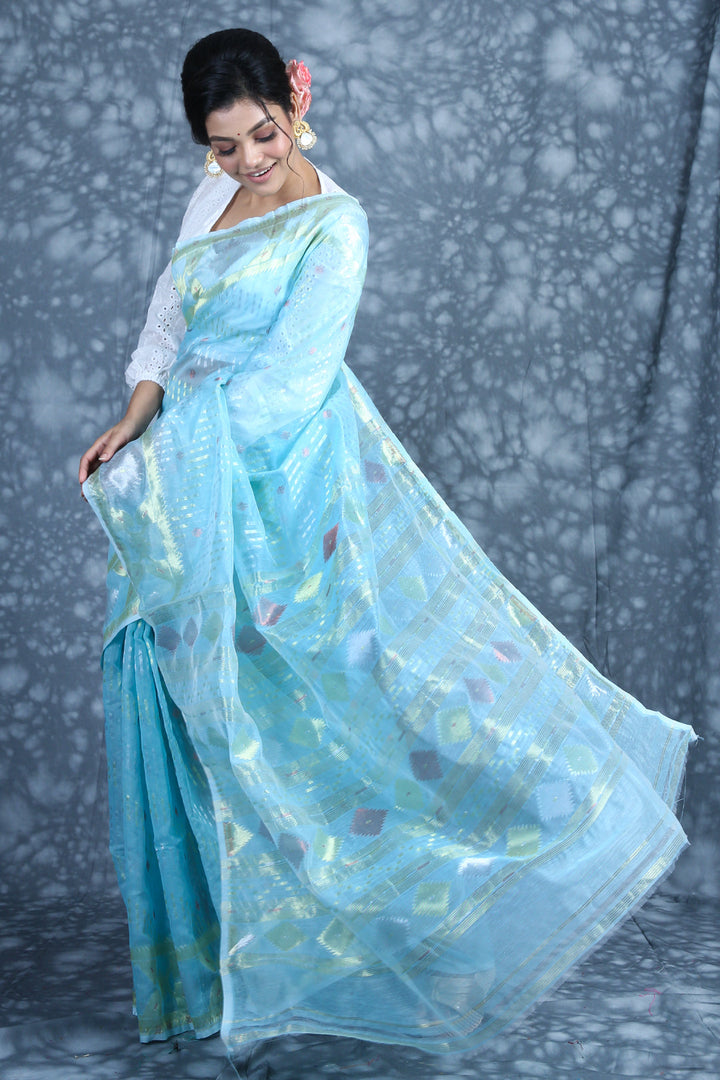 CHARUKRITI Allover Zari Weaving Sky Blue Jamdani Saree with Unstitched Blouse