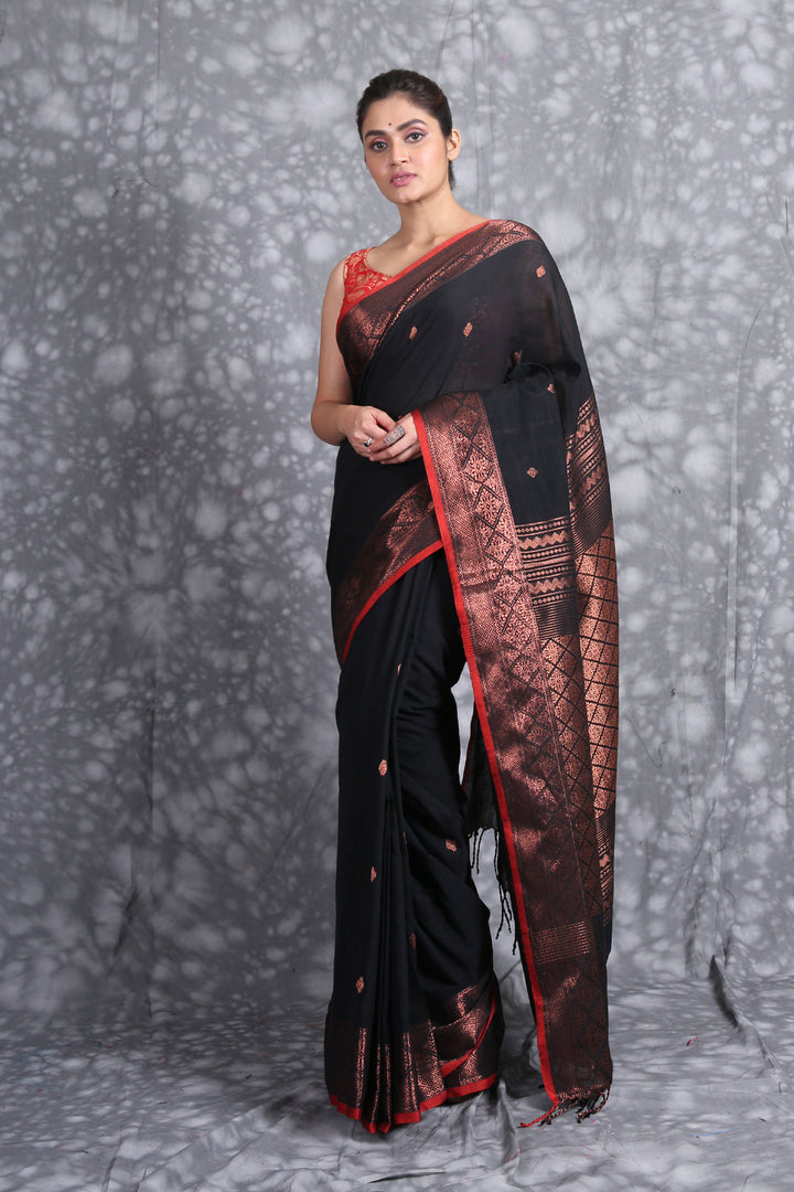 CHARUKRITI Black Copper-Toned Woven Design Zari Pure Cotton Saree with Unstiched Blouse