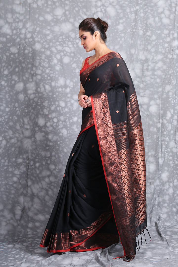 CHARUKRITI Black Copper-Toned Woven Design Zari Pure Cotton Saree with Unstiched Blouse