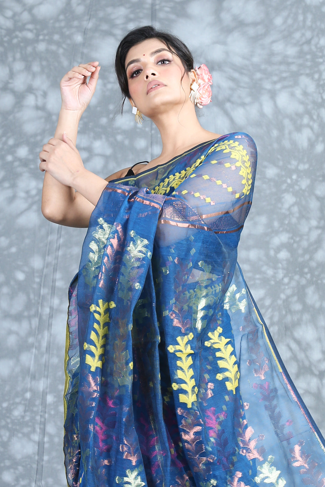 CHARUKRITI Allover Rich Weaving Azure Blue Jamdani Saree with Unstitched Blouse