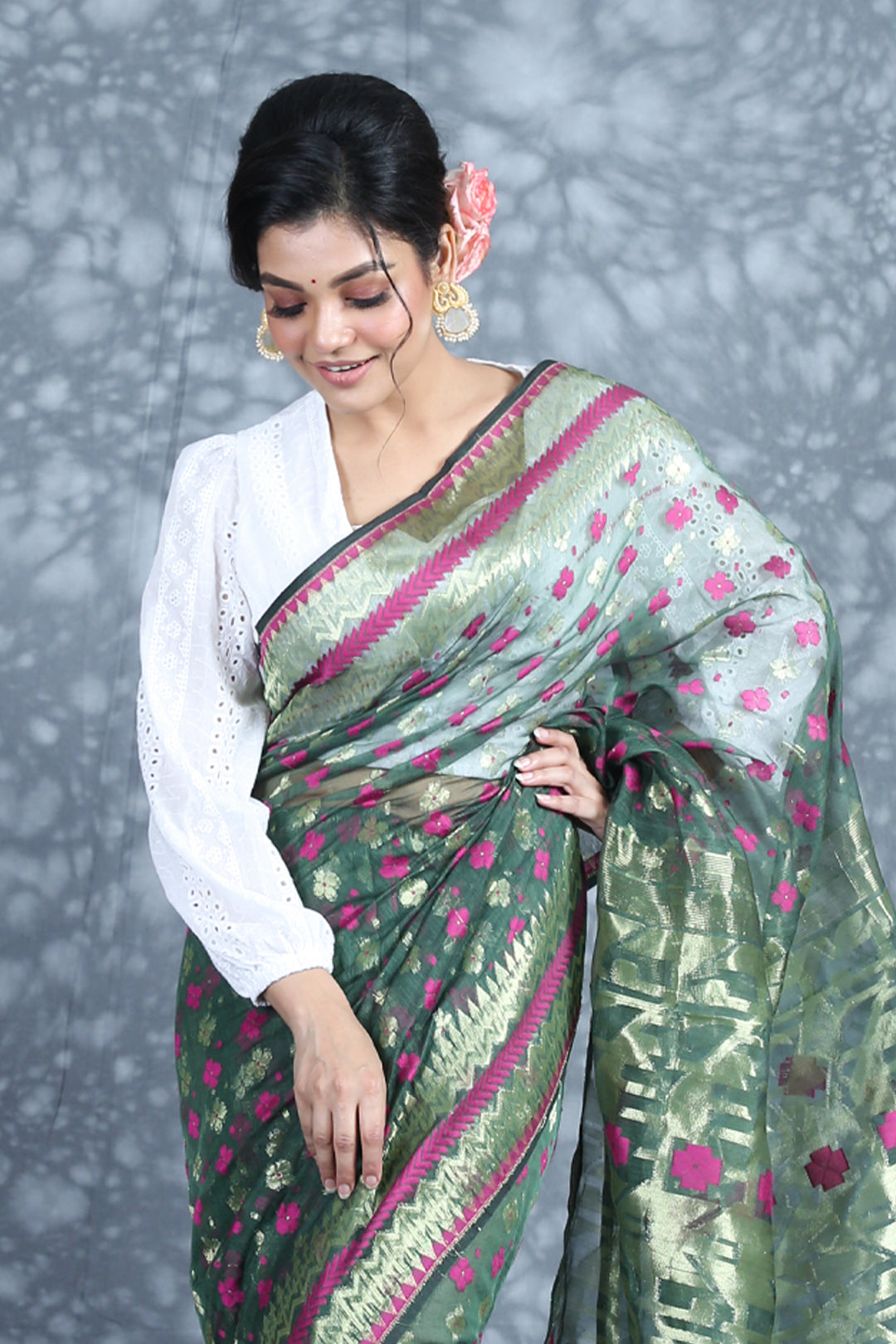 CHARUKRITI Zari Weaving Green Jamdani Saree with Unstitched Blouse