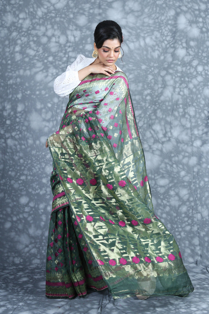 CHARUKRITI Zari Weaving Green Jamdani Saree with Unstitched Blouse