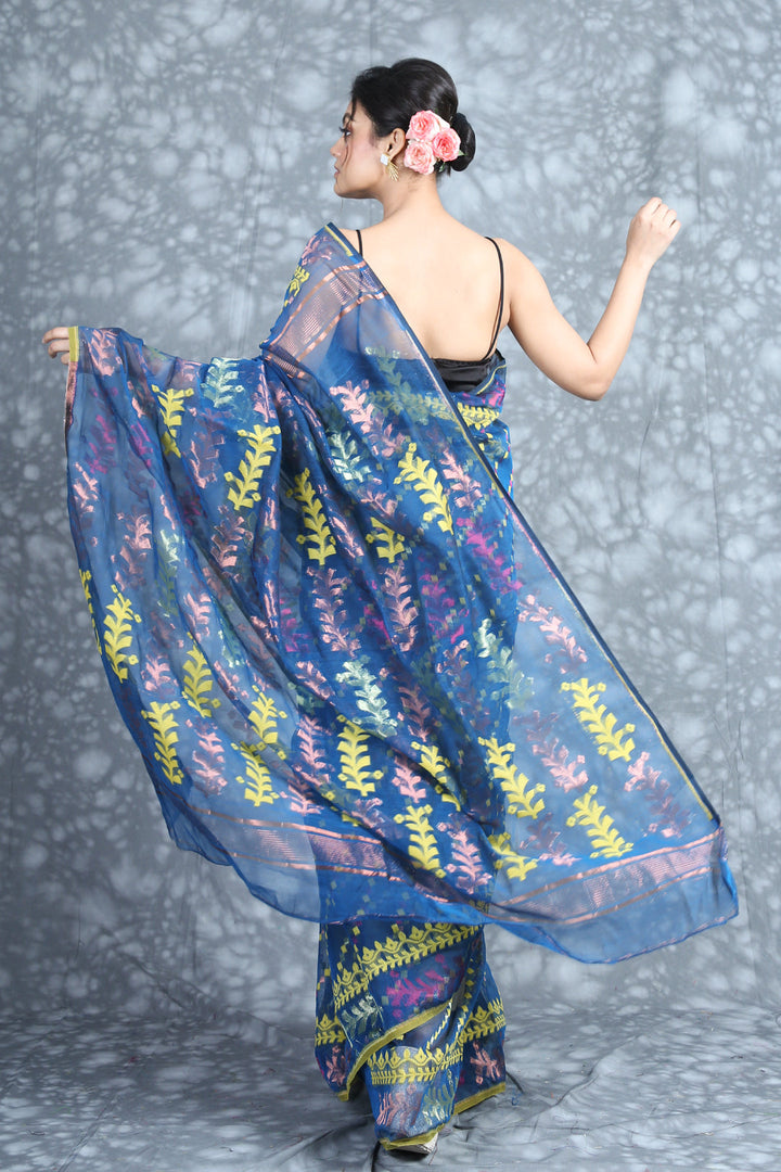 CHARUKRITI Allover Rich Weaving Azure Blue Jamdani Saree with Unstitched Blouse