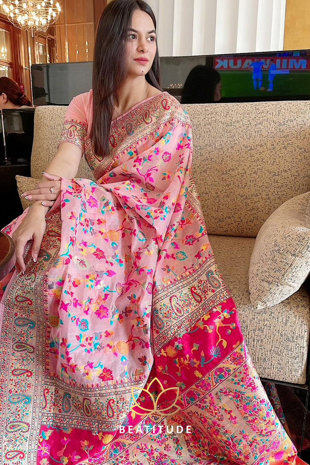 Beatitude Peachish Pink Modal Silk Kashmiri Weaving with Unstitched Blouse