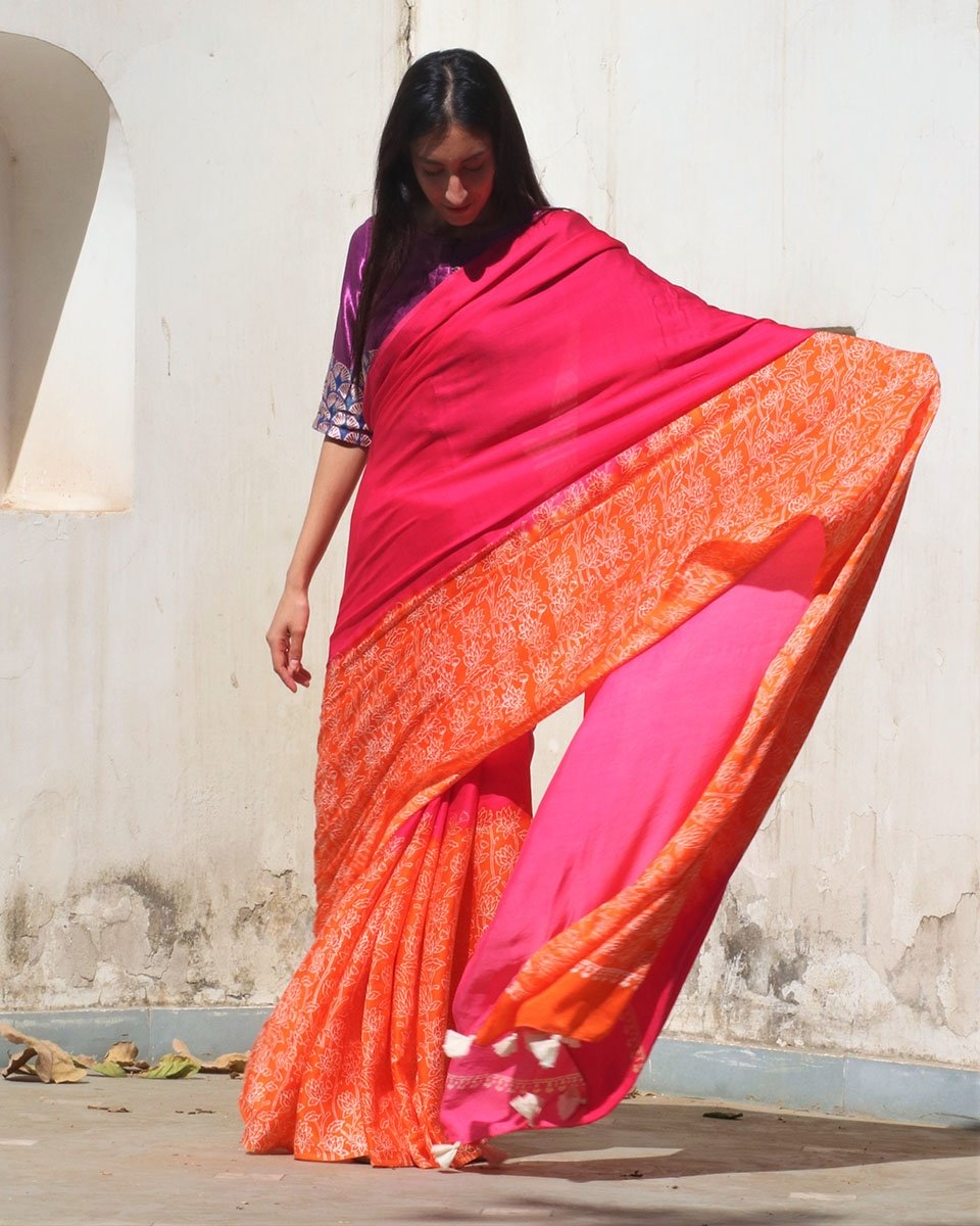 Chidiyaa Pink Modal Silk Saree with Unstitched Blouse