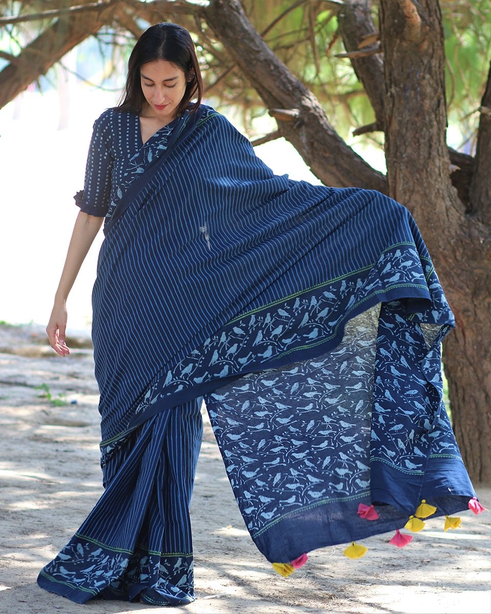 Blue blockprinted cotton mul saree