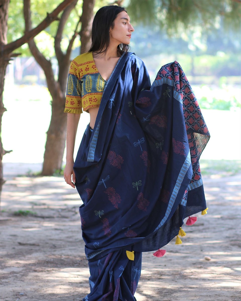 Blue blockprinted cotton mul saree