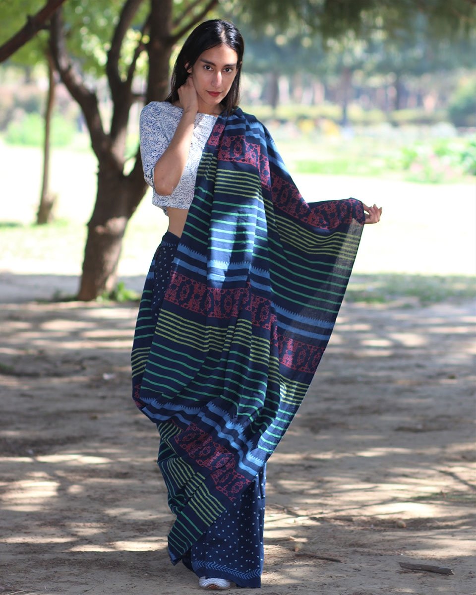 Blue blockprinted cotton mul saree