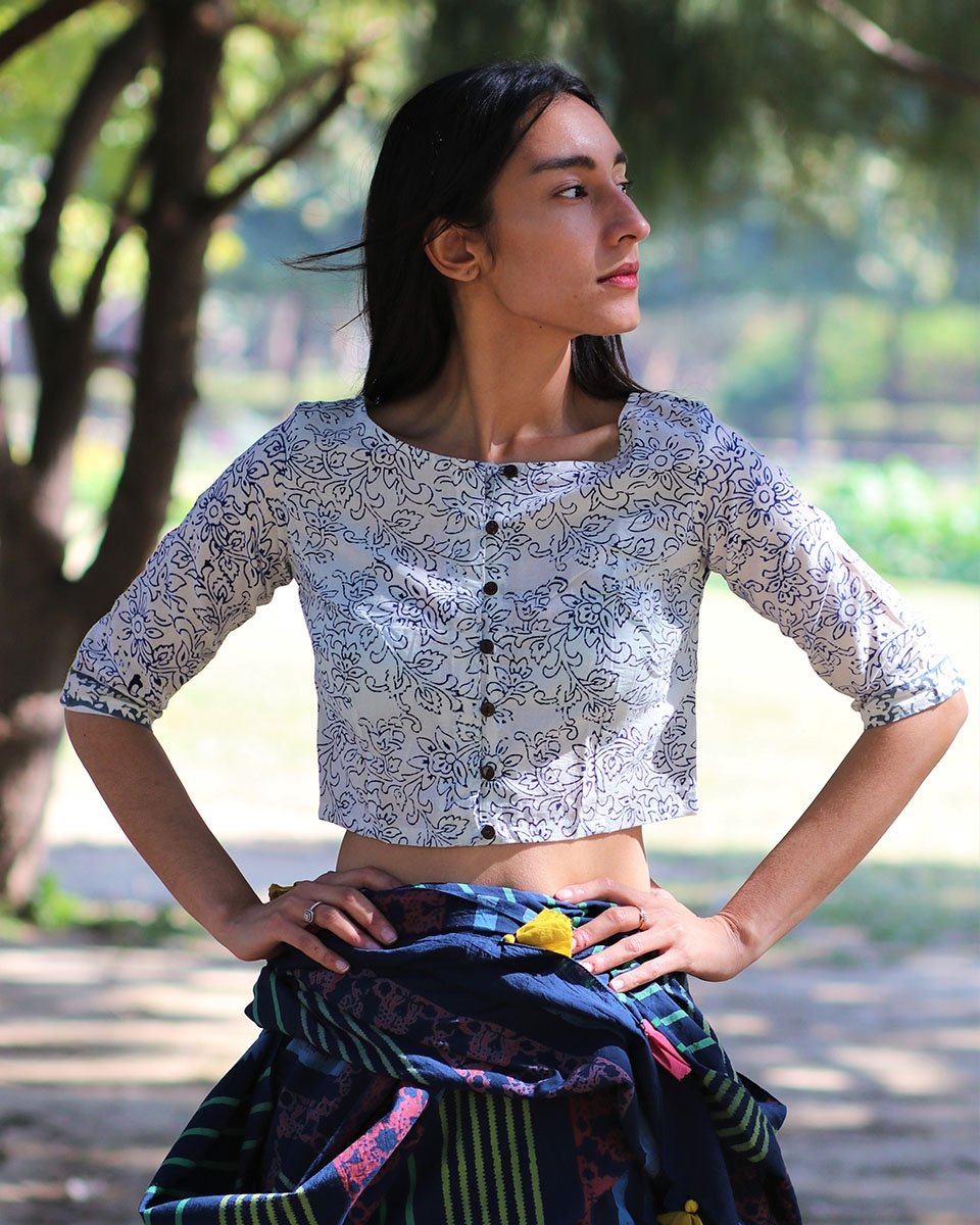 GRAY VASUDHA BLOCK PRINTED CROP TOP BLOUSE