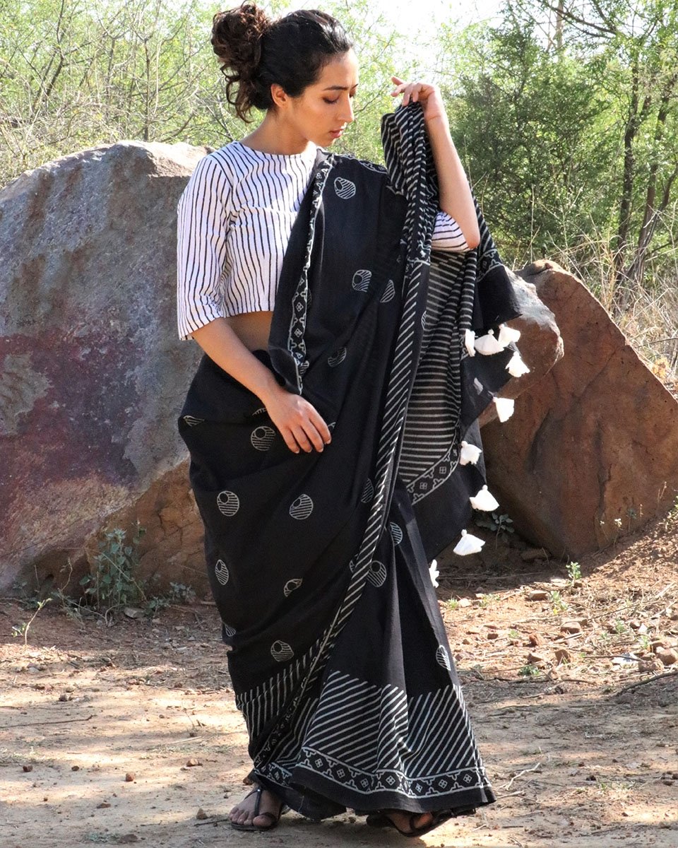 Chidiyaa Black Moon Block Printed Cotton Mul Saree with Unstitched Blouse