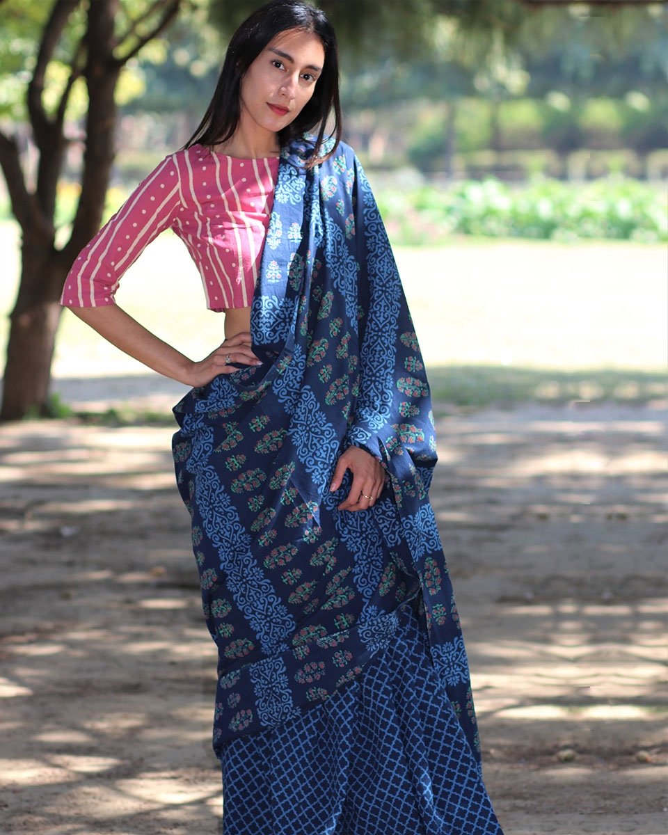 Blue blockprinted cotton mul saree