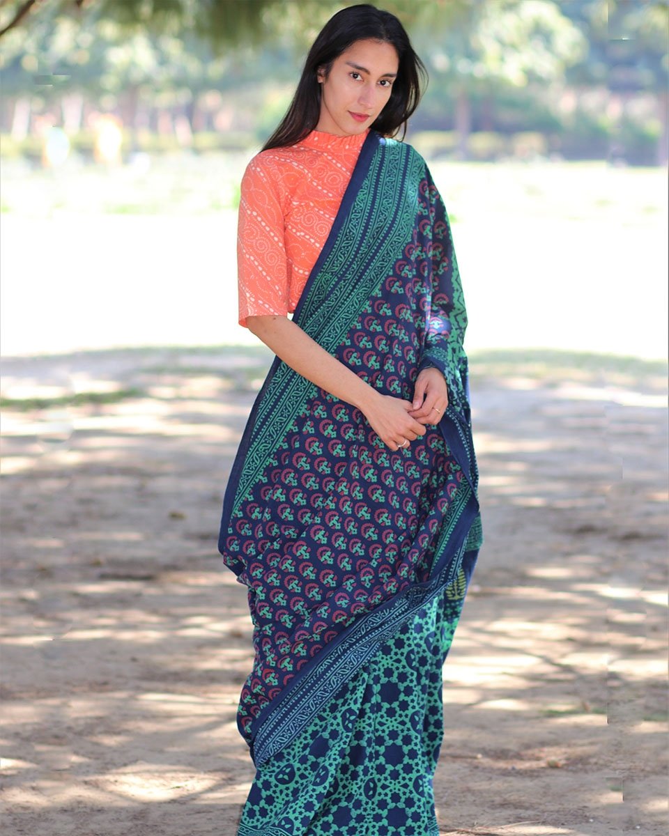 Blue blockprinted cotton mul saree