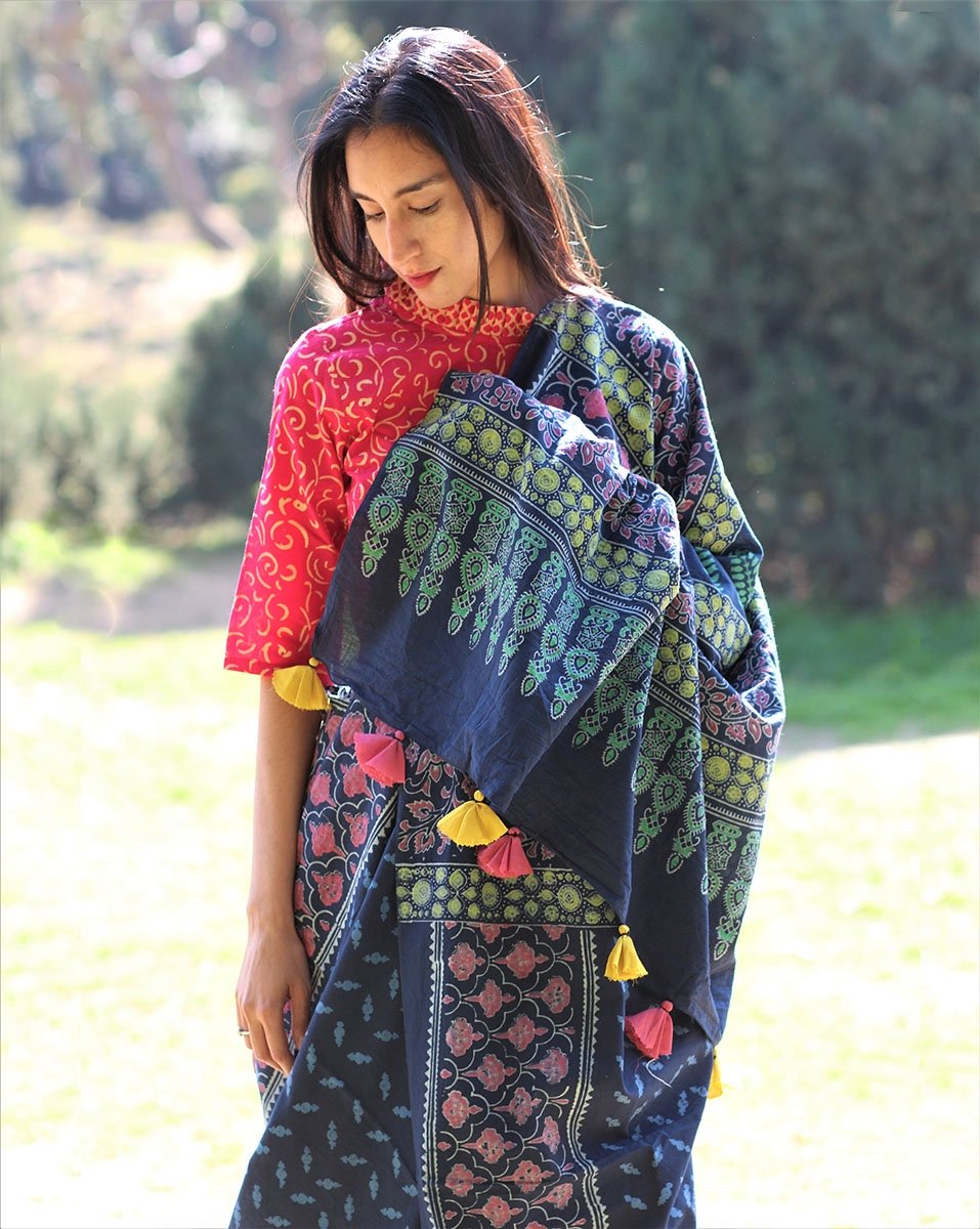 Blue blockprinted cotton mul saree