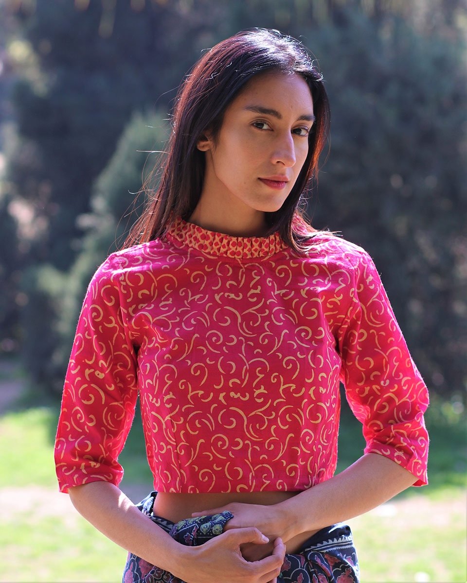 Magenta frill neck cotton crop top