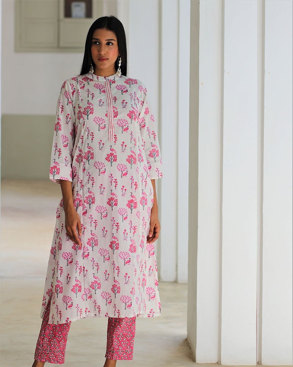 WHITE-PINK HANDPRINTED COTTON KURTI